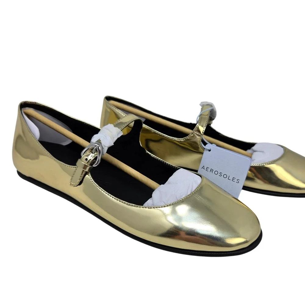 Aerosoles Ferry Flats Womens 8 Gold Metallic‎ Mary Jane Buckle Classic Glam NWT